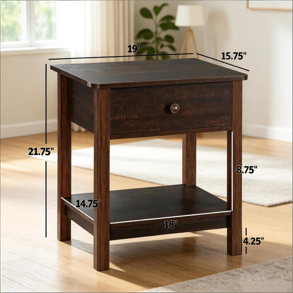 English Elm Vintage Dark Brown Mdf End Table with Drawer and Open Shelf for Bedroom or Living Room T3971P508091