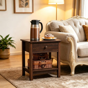 English Elm Vintage Dark Brown Mdf End Table with Drawer and Open Shelf for Bedroom or Living Room T3971P508091
