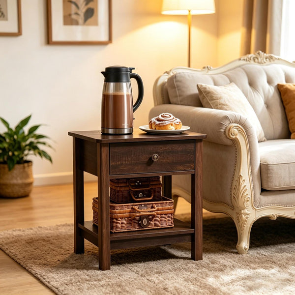 English Elm Vintage Dark Brown Mdf End Table with Drawer and Open Shelf for Bedroom or Living Room T3971P508091