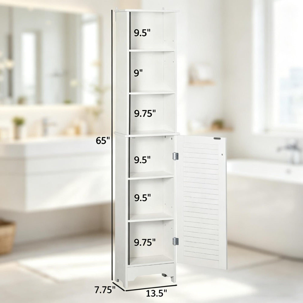 English Elm Nordic Freestanding Tower Cabinet with Louvered Door for Bathroom or Bedroom Storage T3971P508624