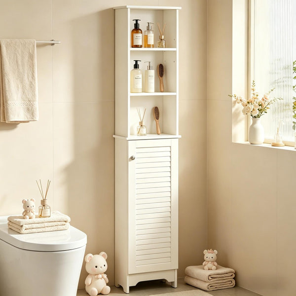 English Elm Nordic Freestanding Tower Cabinet with Louvered Door for Bathroom or Bedroom Storage T3971P508624