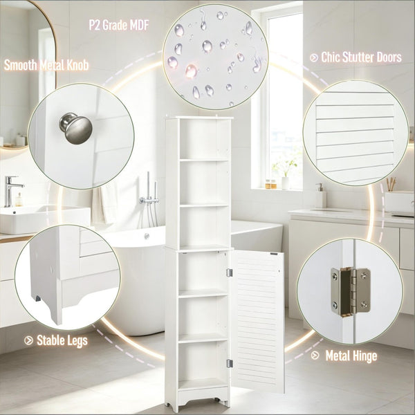English Elm Nordic Freestanding Tower Cabinet with Louvered Door for Bathroom or Bedroom Storage T3971P508624