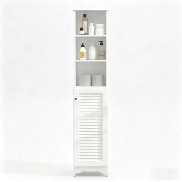 English Elm Nordic Freestanding Tower Cabinet with Louvered Door for Bathroom or Bedroom Storage T3971P508624