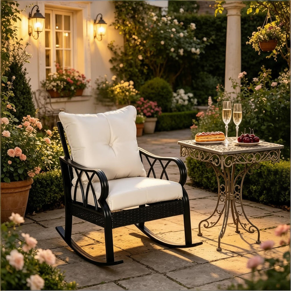 English Elm Classic Woven Pe Rattan Outdoor Rocker with Thick Cushions and Aluminum Frame T3971P508662