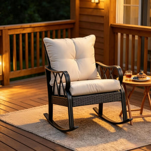 English Elm Classic Woven Pe Rattan Outdoor Rocker with Thick Cushions and Aluminum Frame T3971P508662