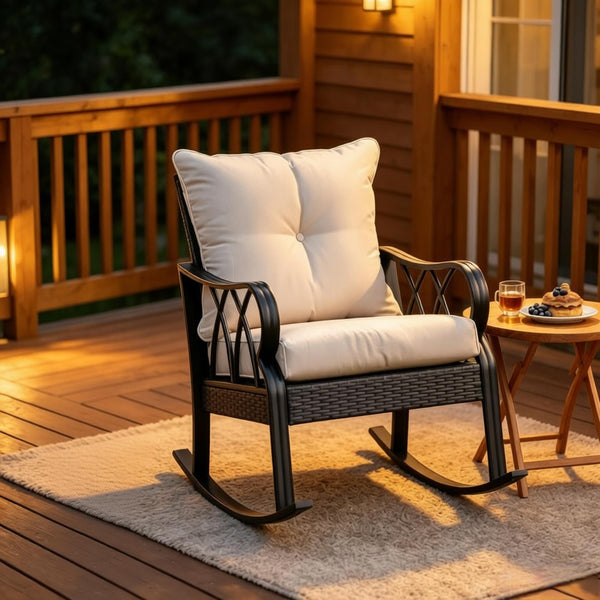 English Elm Classic Woven Pe Rattan Outdoor Rocker with Thick Cushions and Aluminum Frame T3971P508662