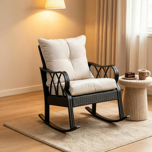 English Elm Classic Woven Pe Rattan Outdoor Rocker with Thick Cushions and Aluminum Frame T3971P508662