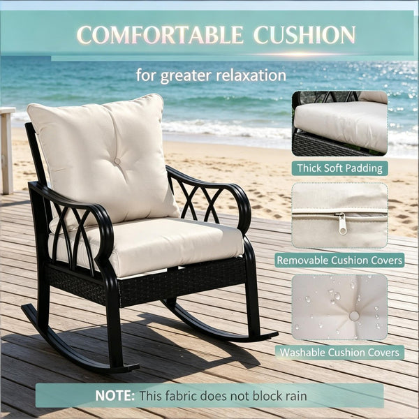 English Elm Classic Woven Pe Rattan Outdoor Rocker with Thick Cushions and Aluminum Frame T3971P508662