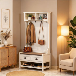 English Elm Multifunctional Entryway Hall Tree with Cushioned Bench Hooks Drawers and Shoe Shelf T3971P508772