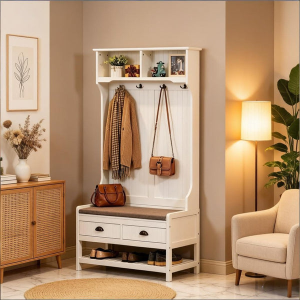 English Elm Multifunctional Entryway Hall Tree with Cushioned Bench Hooks Drawers and Shoe Shelf T3971P508772