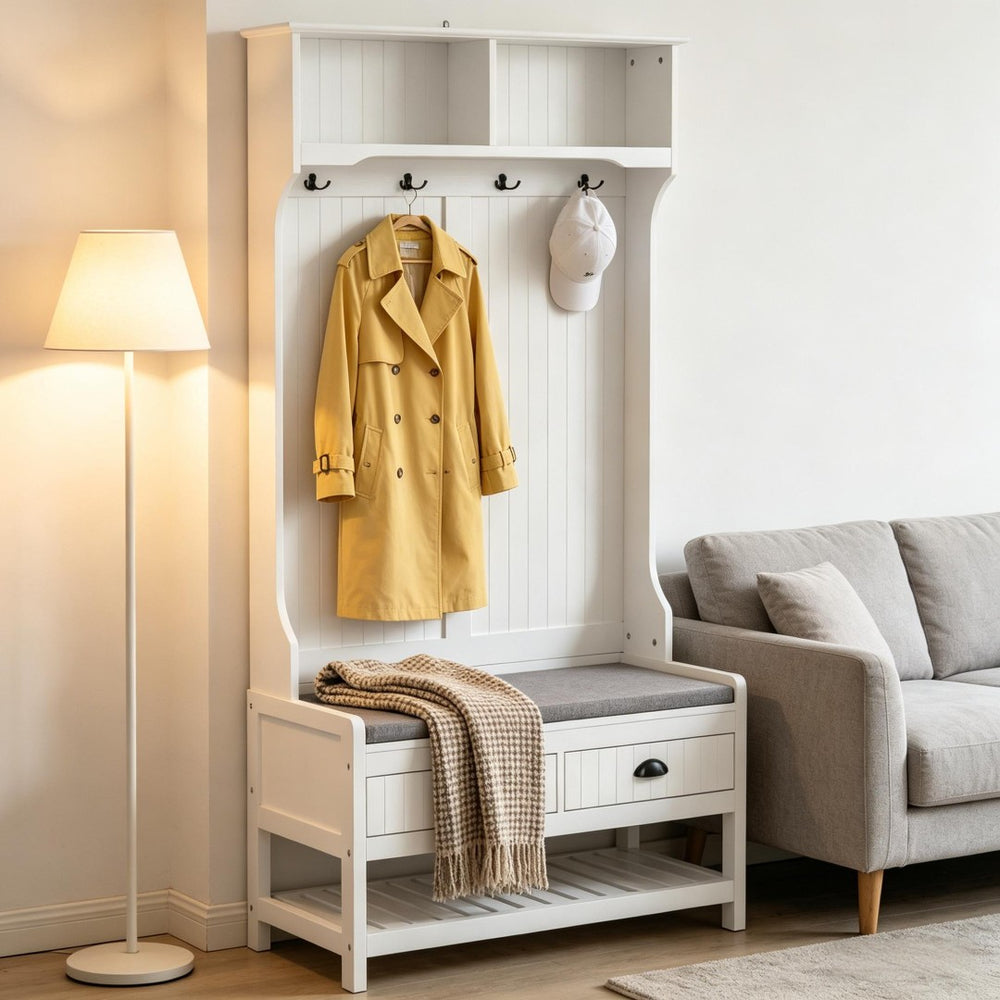 English Elm Multifunctional Entryway Hall Tree with Cushioned Bench Hooks Drawers and Shoe Shelf T3971P508772