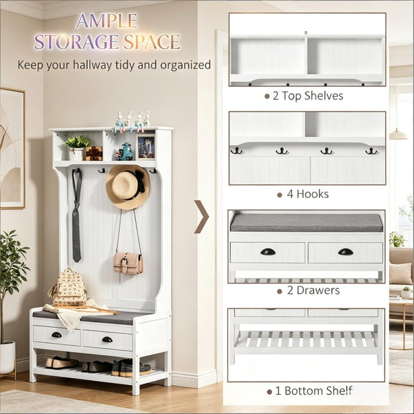 English Elm Multifunctional Entryway Hall Tree with Cushioned Bench Hooks Drawers and Shoe Shelf T3971P508772
