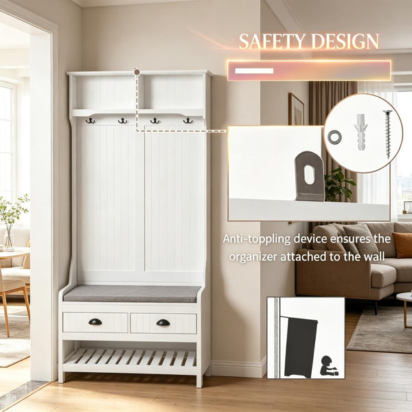 English Elm Multifunctional Entryway Hall Tree with Cushioned Bench Hooks Drawers and Shoe Shelf T3971P508772
