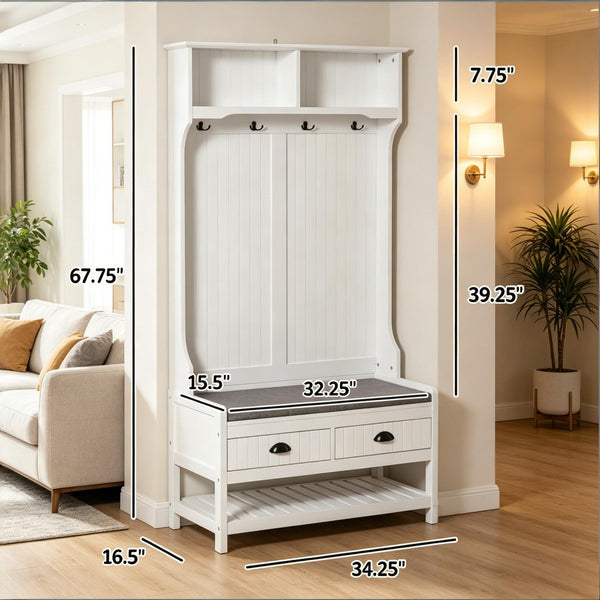 English Elm Multifunctional Entryway Hall Tree with Cushioned Bench Hooks Drawers and Shoe Shelf T3971P508772