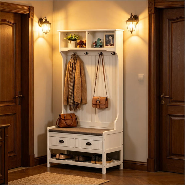 English Elm Multifunctional Entryway Hall Tree with Cushioned Bench Hooks Drawers and Shoe Shelf T3971P508772