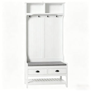 English Elm Multifunctional Entryway Hall Tree with Cushioned Bench Hooks Drawers and Shoe Shelf T3971P508772