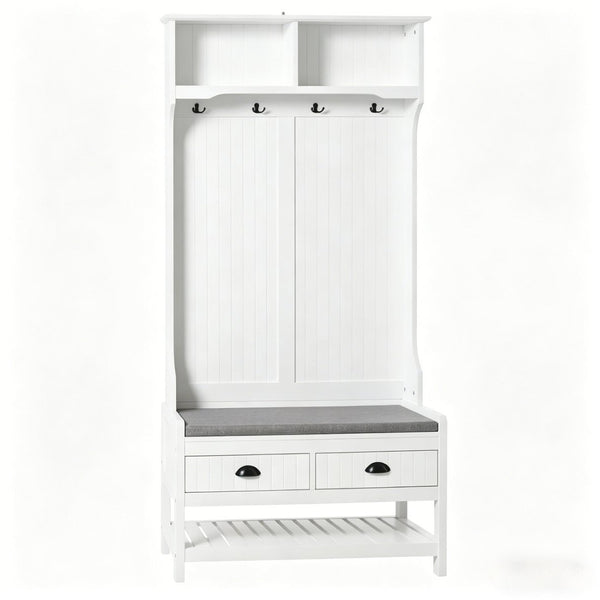 English Elm Multifunctional Entryway Hall Tree with Cushioned Bench Hooks Drawers and Shoe Shelf T3971P508772