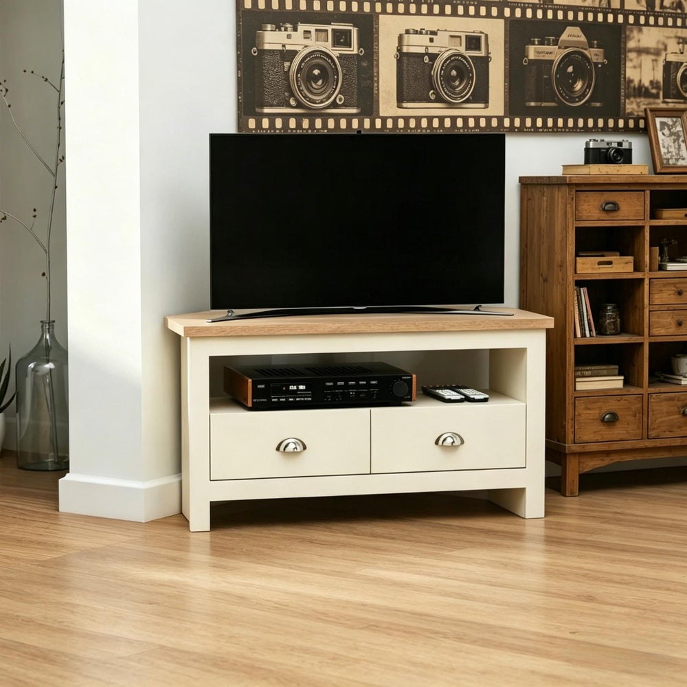English Elm Tv Corner Stand with Two Drawers Space Saving Mdf Cabinet for Living Room T3971P508861