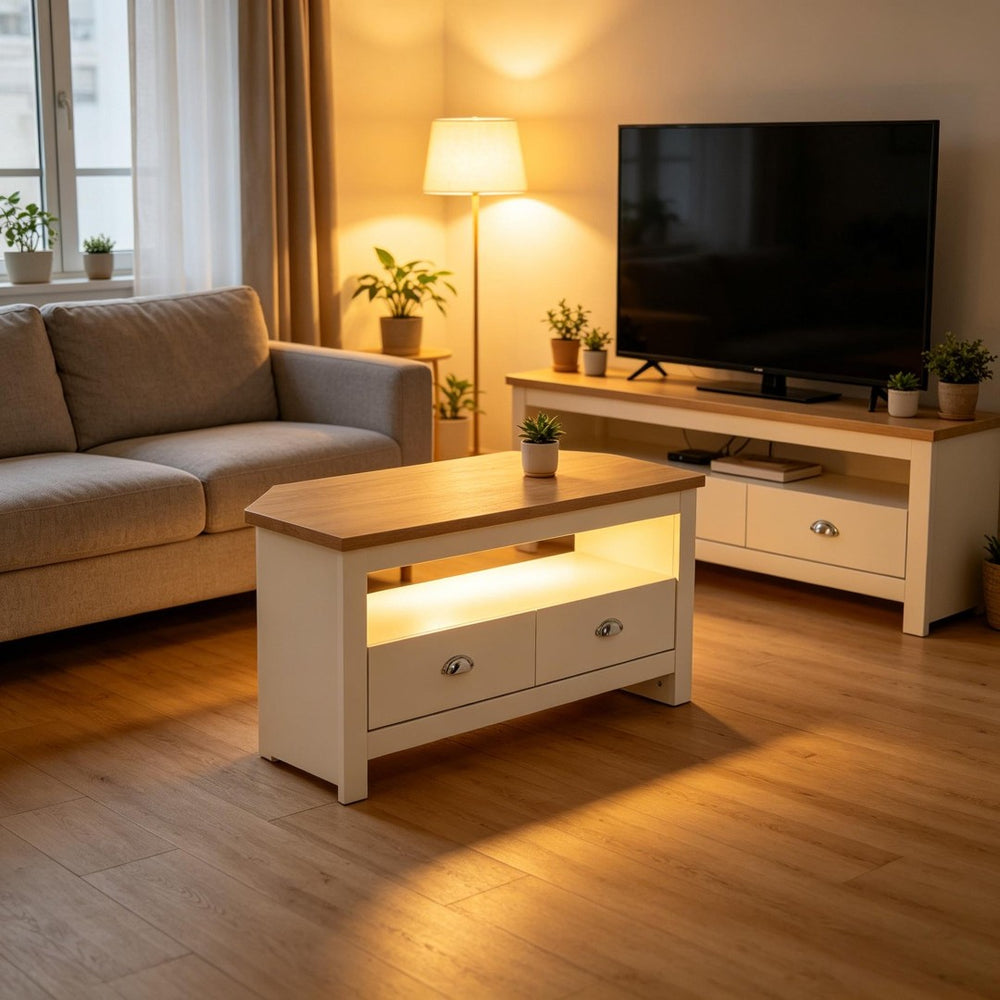 English Elm Tv Corner Stand with Two Drawers Space Saving Mdf Cabinet for Living Room T3971P508861