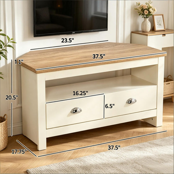 English Elm Tv Corner Stand with Two Drawers Space Saving Mdf Cabinet for Living Room T3971P508861