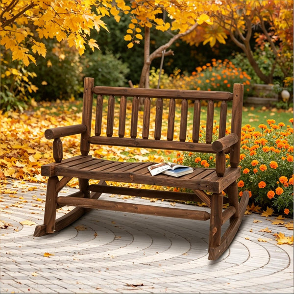 English Elm Backyard Solid Fir Wood Rocking Bench Seat for Two with Walnut Finish Outdoor T3971P508882
