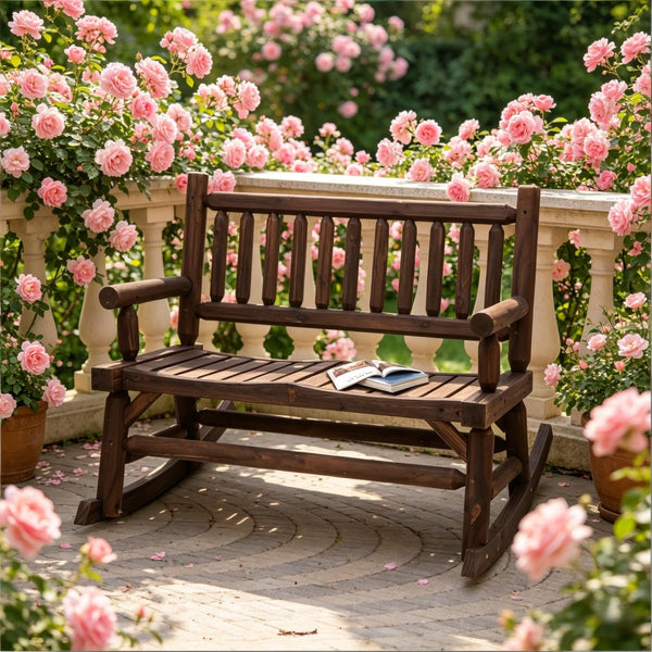 English Elm Backyard Solid Fir Wood Rocking Bench Seat for Two with Walnut Finish Outdoor T3971P508882