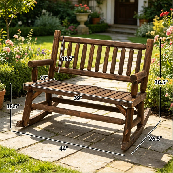 English Elm Backyard Solid Fir Wood Rocking Bench Seat for Two with Walnut Finish Outdoor T3971P508882