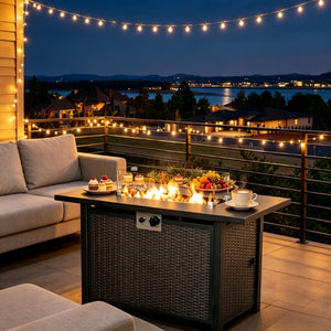 English Elm Propane Fire Pit Table Wicker Pattern Steel Frame Outdoor Convertible Patio Dining T3971P509739