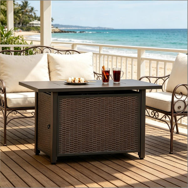 English Elm Propane Fire Pit Table Wicker Pattern Steel Frame Outdoor Convertible Patio Dining T3971P509739