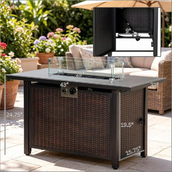 English Elm Propane Fire Pit Table Wicker Pattern Steel Frame Outdoor Convertible Patio Dining T3971P509739