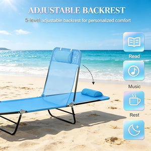English Elm Outdoor Folding Chaise Lounge with Mesh Fabric Five Position Recline and Head Pillow T3971P510191