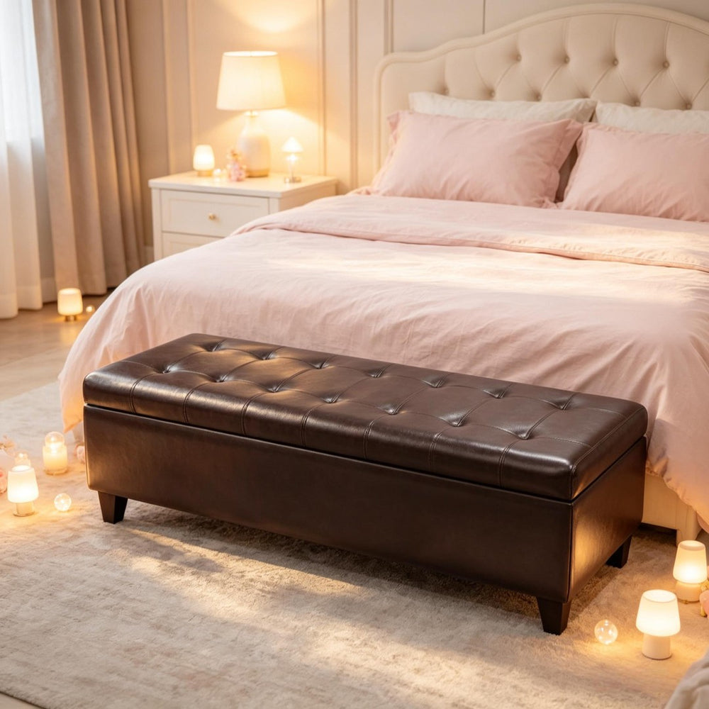 English Elm Contemporary Tufted Pu Leather Storage Bench with Soft Close Lid for Bedroom or Entryway T3971P510317