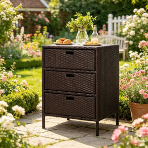 English Elm Outdoor PE Rattan Three Drawer Poolside Storage Cabinet with Weather Resistant Steel Frame T3971P510447