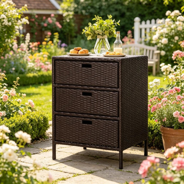 English Elm Outdoor PE Rattan Three Drawer Poolside Storage Cabinet with Weather Resistant Steel Frame T3971P510447