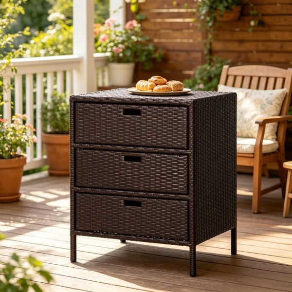 English Elm Outdoor PE Rattan Three Drawer Poolside Storage Cabinet with Weather Resistant Steel Frame T3971P510447