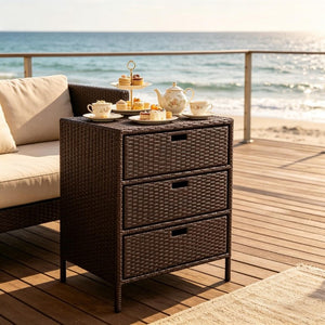 English Elm Outdoor PE Rattan Three Drawer Poolside Storage Cabinet with Weather Resistant Steel Frame T3971P510447