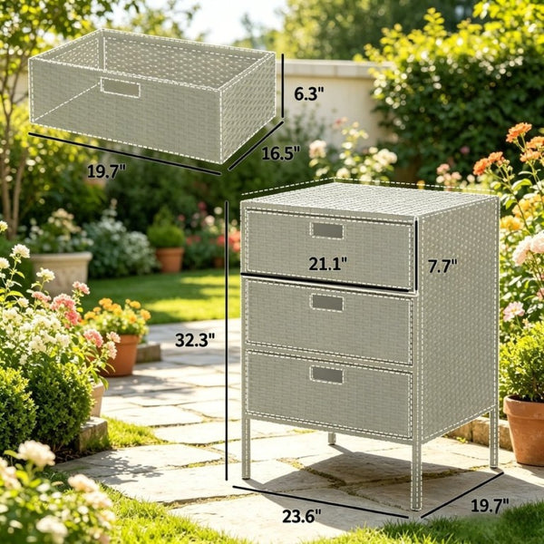 English Elm Outdoor PE Rattan Three Drawer Poolside Storage Cabinet with Weather Resistant Steel Frame T3971P510447