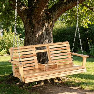 English Elm 440Lbs Solid Fir Porch Swing Three Seat Bench with Folding Console and Cup Holders T3971P510549