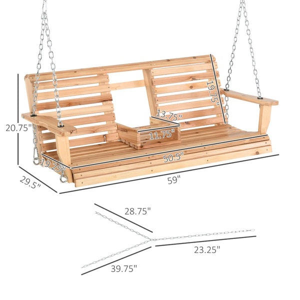 English Elm 440Lbs Solid Fir Porch Swing Three Seat Bench with Folding Console and Cup Holders T3971P510549
