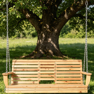 English Elm 440Lbs Solid Fir Porch Swing Three Seat Bench with Folding Console and Cup Holders T3971P510549