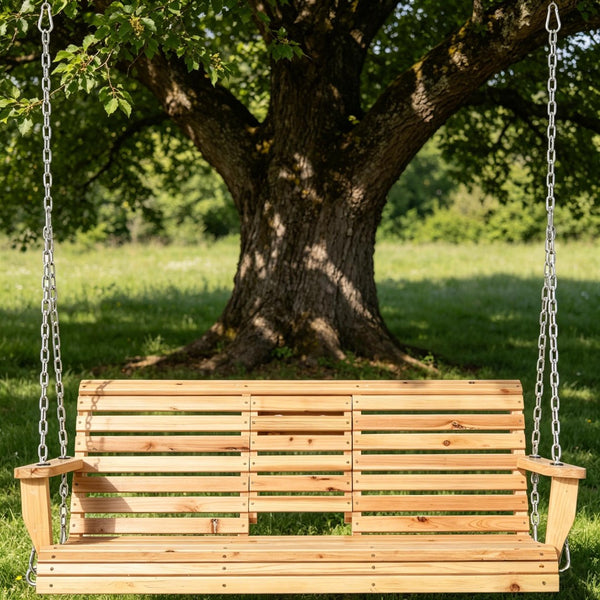 English Elm 440Lbs Solid Fir Porch Swing Three Seat Bench with Folding Console and Cup Holders T3971P510549