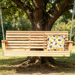 English Elm 440Lbs Solid Fir Porch Swing Three Seat Bench with Folding Console and Cup Holders T3971P510549