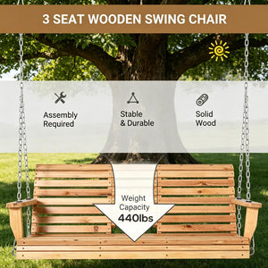 English Elm 440Lbs Solid Fir Porch Swing Three Seat Bench with Folding Console and Cup Holders T3971P510549