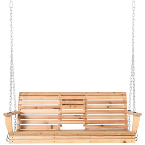 English Elm 440Lbs Solid Fir Porch Swing Three Seat Bench with Folding Console and Cup Holders T3971P510549