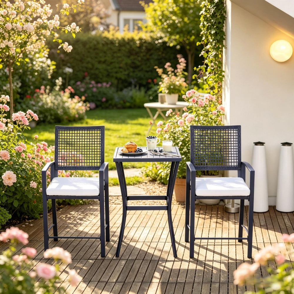 English Elm Outdoor 3 Piece Wicker Bar Set with High Top Table and Cushioned Armchairs T3971P510555