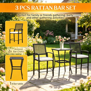 English Elm Outdoor 3 Piece Wicker Bar Set with High Top Table and Cushioned Armchairs T3971P510555