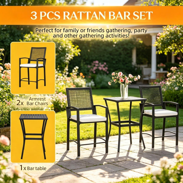 English Elm Outdoor 3 Piece Wicker Bar Set with High Top Table and Cushioned Armchairs T3971P510555