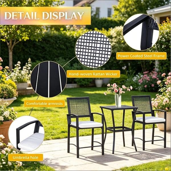 English Elm Outdoor 3 Piece Wicker Bar Set with High Top Table and Cushioned Armchairs T3971P510555
