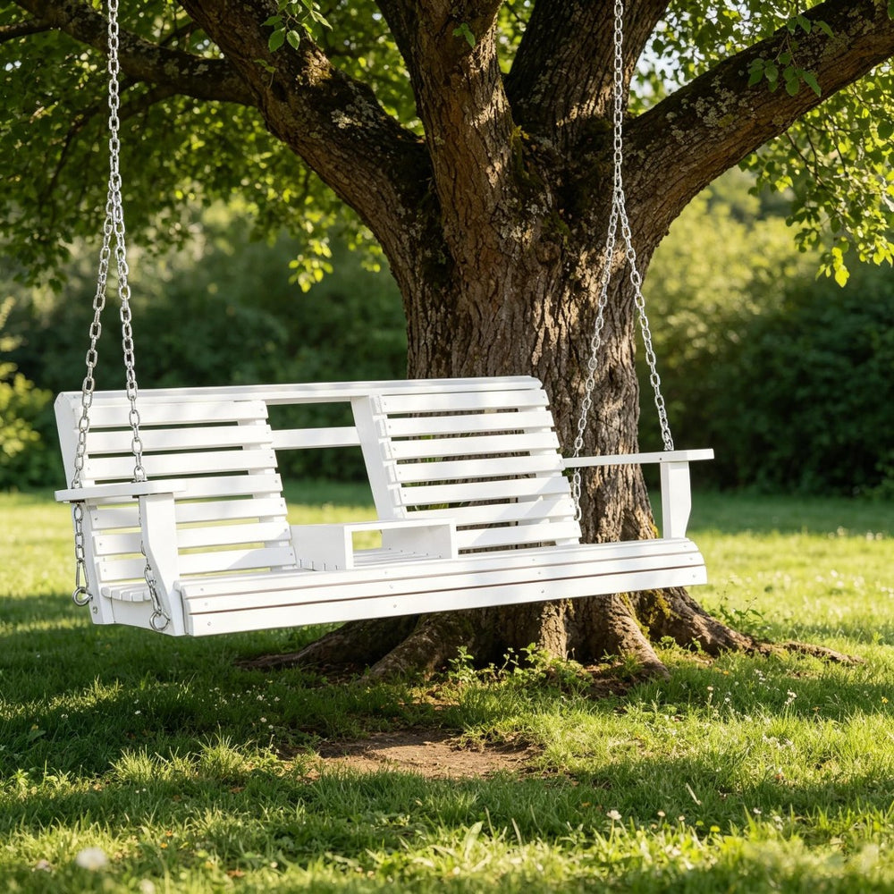 English Elm 440Lbs Solid Fir Wood Porch Swing Bench with Folding Table and Cup Holders Outdoor T3971P510560