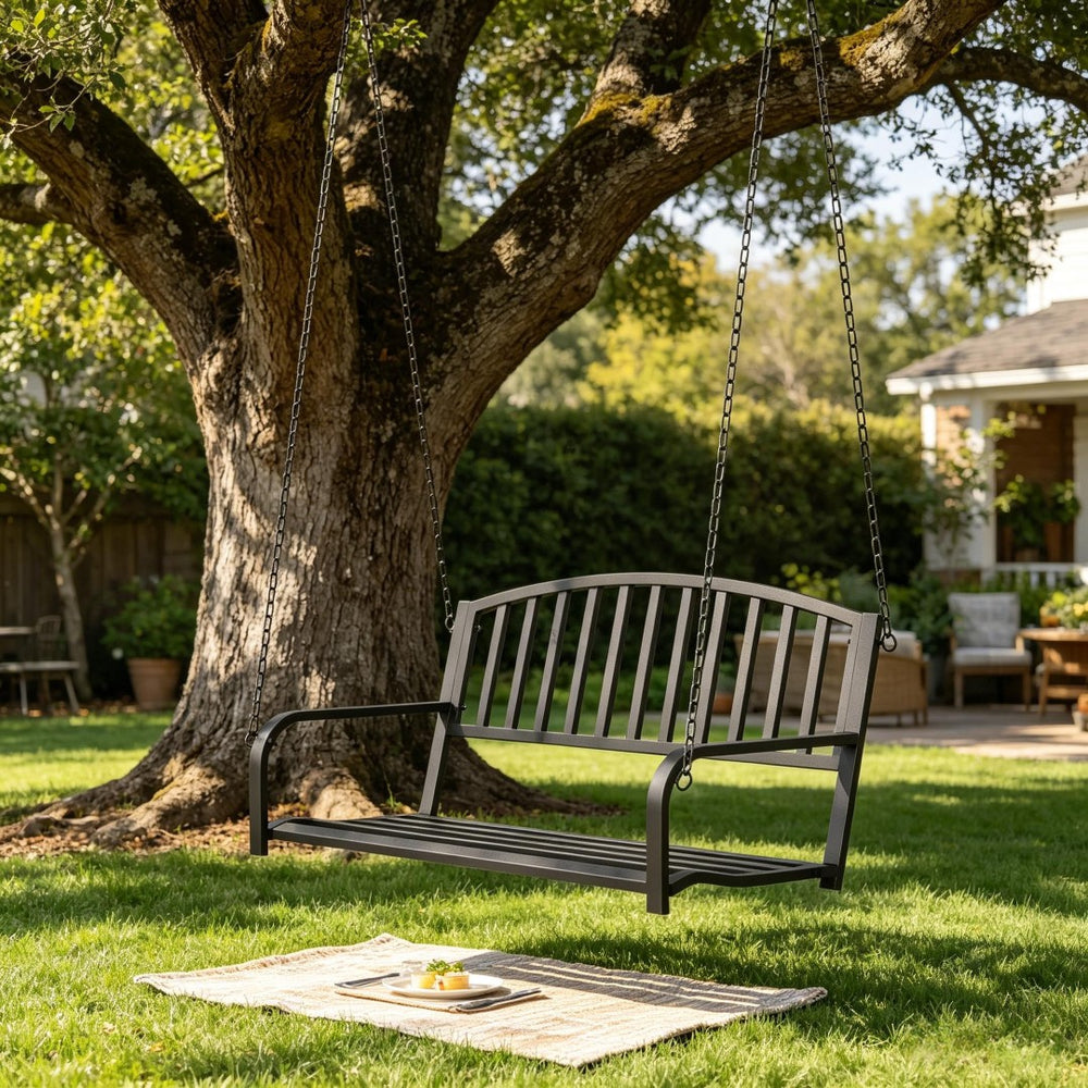 English Elm 528lb Capacity Steel Slatted Porch Swing Hanging Bench Powder Coated Outdoor Seat T3971P510635